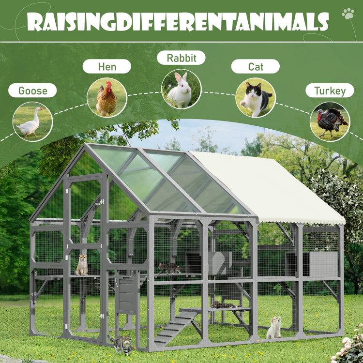 Large Catio Outdoor Cat Enclosure For Multiple Kittens, Wooden Cat House With 7 Platforms, 2 Resting Boxes, 1 Bridge And 1 Ramp, Walk In Kitty Cage Kennel With Sunshine Board Roof, Gray
