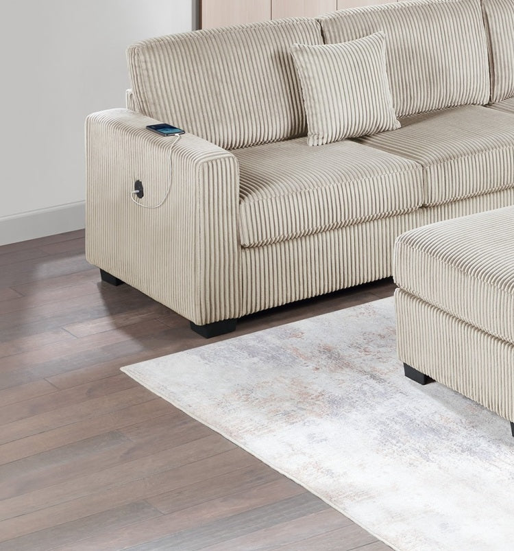 Living Room Corduroy Upholstered Camel 4Pc Sectional Set Raf Laf One Arm Loveseat W Usb, Corner Wedge, Cocktail Ottoman Cushion Couch