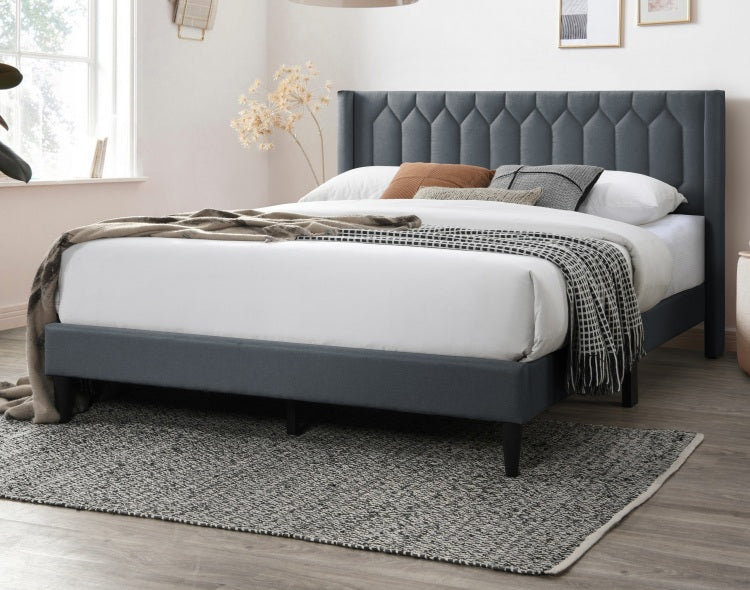 Modern Eye Catching 1Pc Queen Size Bed Charcoal Burlap Fabric Unique Diamond Design Headboard Bedframe
