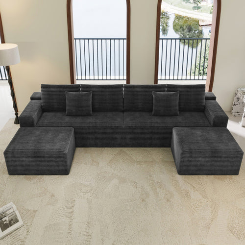 137.8*70.9"Modular Sectional Sofa Seat,Upholstered Compressed Couch For Living Room,Bedroom,Apartment,No Assembly Required,4 Pc Free Combination,Plush Corduroy Fabric,Grey