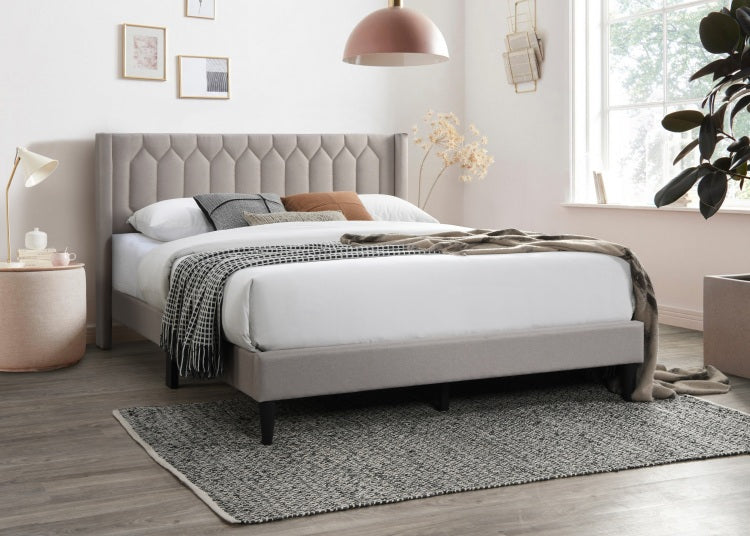Modern Eye Catching 1Pc Queen Size Bed Light Brown Burlap Fabric Unique Diamond Design Headboard Bedframe