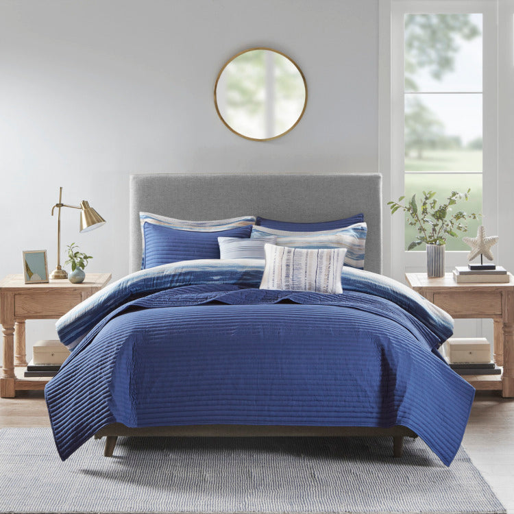 8 Piece Printed Seersucker Comforter And Quilt Set Collection Blue Full Queen