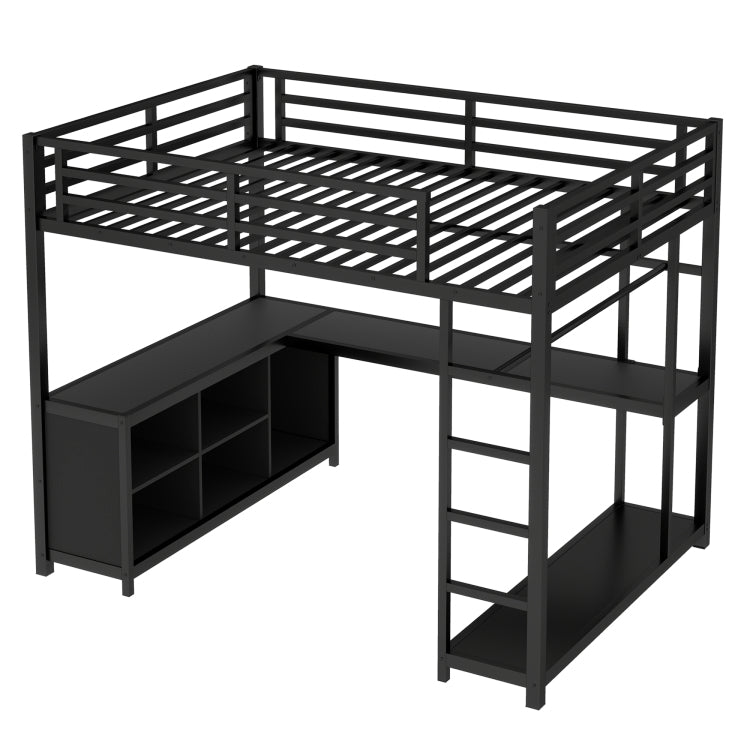 Metal Loft Bed With Wardrobe And L Shaped Desk, Full Size Loft Bed With Storage Cubes And Shelves, Loft Bed For Kids Teens Adults, Black