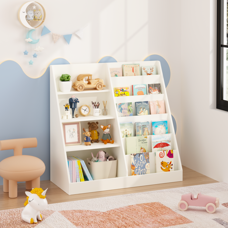 Kids Bookshelf And Toy Storage Organizer, Multifunctional 4 Tier Wooden Kids Book Shelf With Bookcase Display Stand In Kids Room Playroom Nursery For Kids, Children, Toddlers White