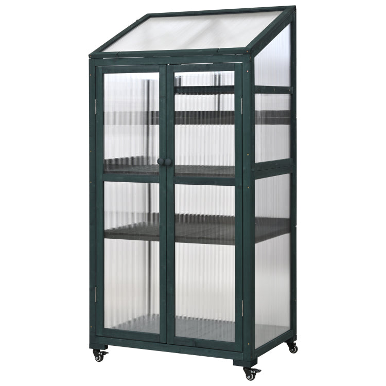 62Inch Height Wood Large Greenhouse Balcony Portable Cold Frame With Wheels And Adjustable Shelves For Outdoor Indoor Use, Forest Green