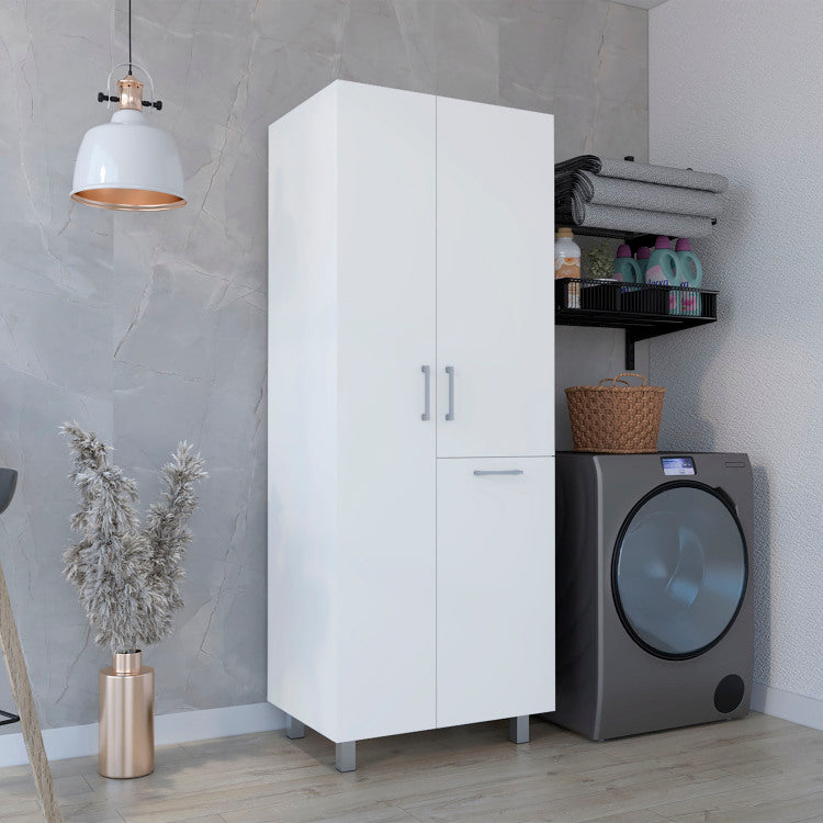 Iris 71" High Two Door Broom Closet With Hamper, Four Shelves, Hangers, Storage Closet, Pantry Cabinet