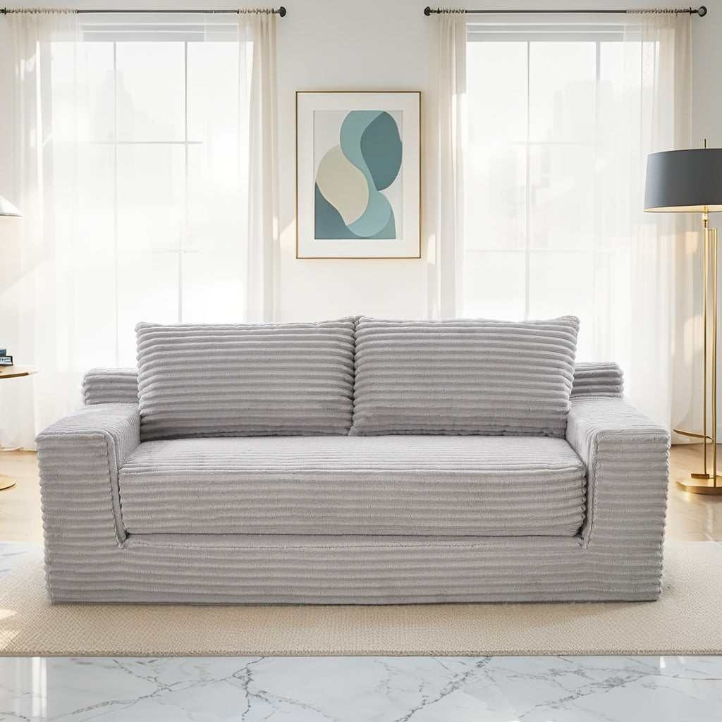 Loveseat Sofa With Memory Foam & Steel Frame No Assembly, Convertible 2 In 1 Design, Corduroy Fabric Compact Couch For Small Spaces, Apartments, Home Office & Bedroom Grey