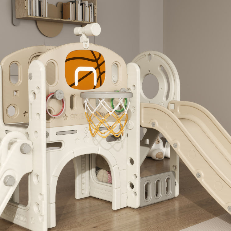 Qaba 7 In 1 Toddler Slide Playset, Kids Slide For Ages 1 6 Years With Ring Toss, Basketball Hoop, Telescope, Indoor Playground With Climber, Storage Space, Crawl Tunnel, Cream White
