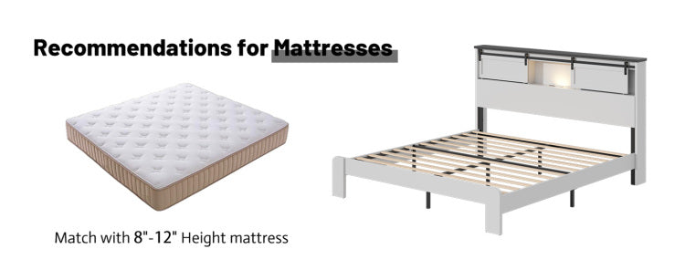 King Size Bed, Metal Bed Frame With Charging Station, No Need For Box Spring, White , No Noise, Easy To Assemble