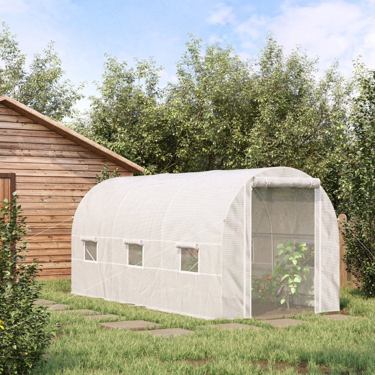 Outsunny 15' X 7' X 7' Walk In Tunnel Greenhouse, Large Garden Hot House Kit With 6 Roll Up Windows & Roll Up Door, Steel Frame, White