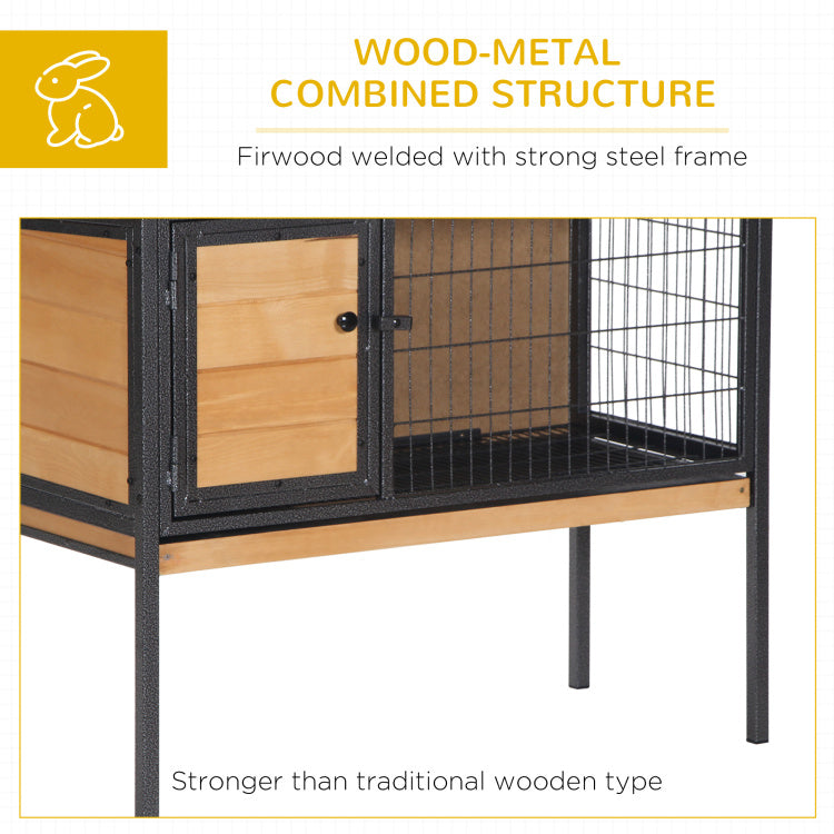 Pawhut Rabbit Hutch Elevated Bunny Cage Small Animal Habitat With Metal Frame, No Leak Tray, Mtetal Wire Pan And Openable Water Resistant Asphalt Roof For Indoor Outdoor Natural Wood