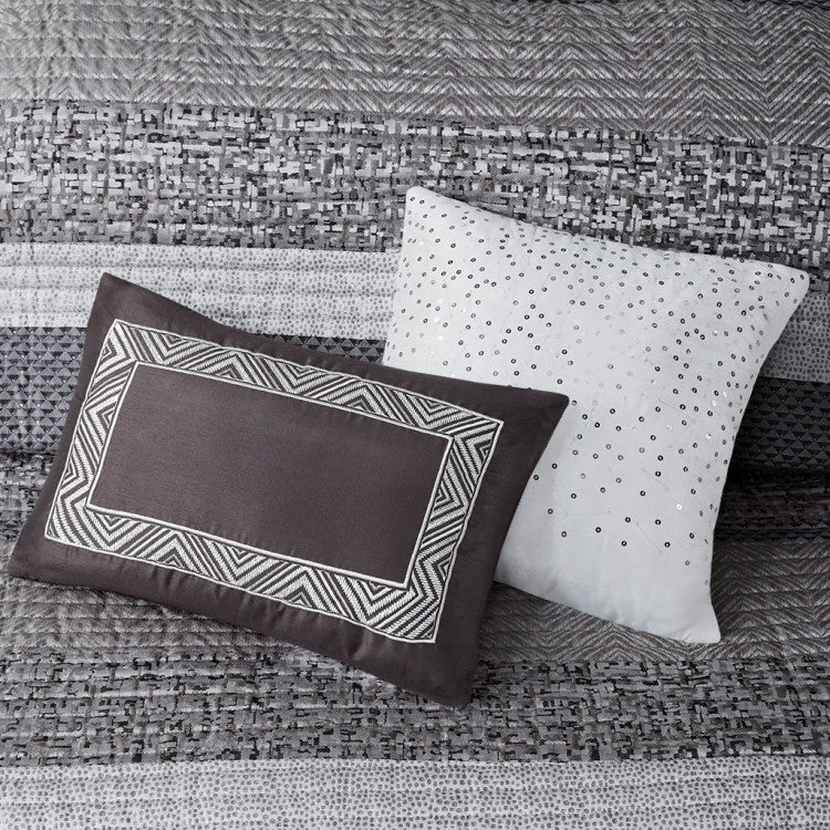 6 Piece Reversible Jacquard Quilt Set With Throw Pillows Grey Taupe Full Queen