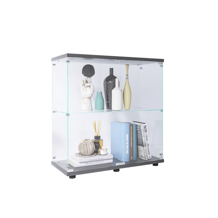 2 Layer Glass Display Cabinet With 2 Doors, Curio Cabinets, Glass Display Cabinet Showcase Countertop With Lock, Tempered Glass With Mdf Base