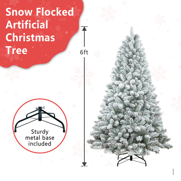 4Ft Flocked Christmas Tree With Pine Cones Snowy Pvc Artificial Holiday Tree, 366 Branch Tips, 21 Natural Pinecones, Sturdy Metal Stand, Full Shape For Seasonal Decoration