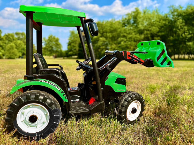 24V Kids Ride On Tractors With Parent Remote Control, Pedal Tractors With Working Loader And Backhoe Digger, Kids' Ride On Car Toys 24V Battery Powered Electric Vehicles With Trailer, Digger Green