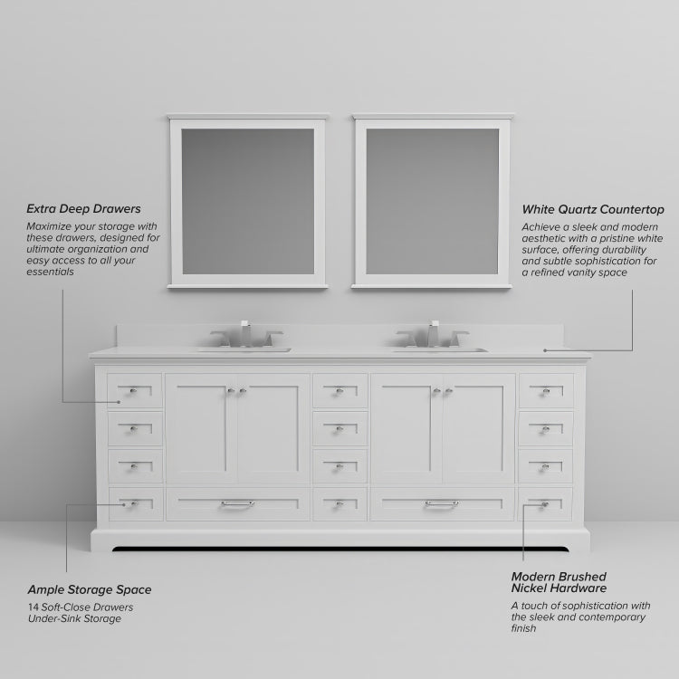 White Double Bath Vanity 84 In. W X 22 In. D, White Quartz Top, And Faucet Set