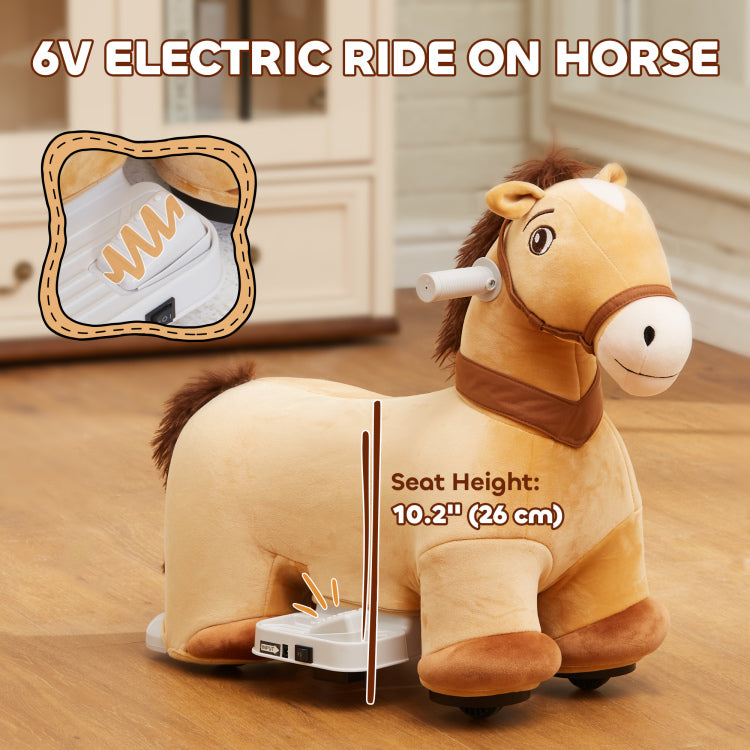 Qaba 6V Ride On Horse, Battery Powered Electric Ride On Pony With Music Forward, Pu Wheels, Soft Touch, For Girls Boys Aged 18 36 Months, Brown