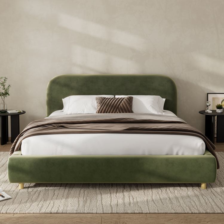 King Size Platform Bed With Velvet Fabric, Upholstered Platform Bed With Curve Shaped Design Headboard, Olive Green