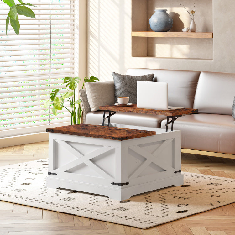 Lift Top Coffee Table With Storage & Charging Station,Multi Functional Lifting Dining Table Coffee Table,Living Room Home Table,Space Saving Modern Design.35.4"X 35.4",Vintage White