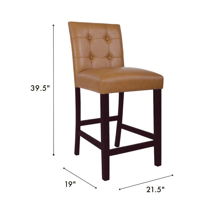 Popa Counter Stool Chair Set Of 2, Brown Faux Leather, Tufted Back