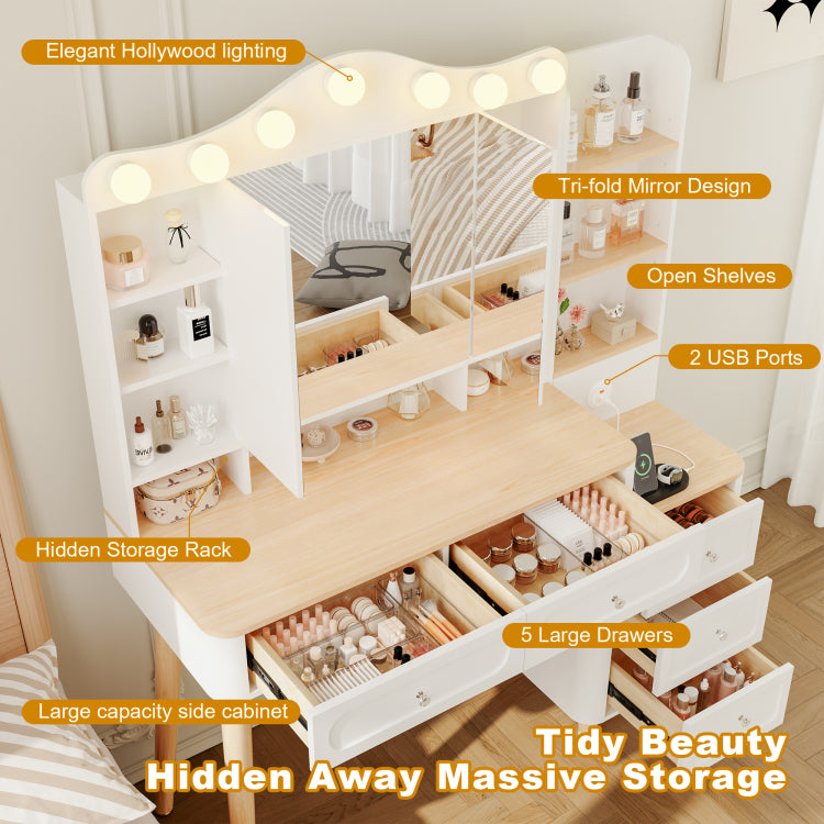 Vanity Desk With Mirror And Lights,Makeup Vanity With 2 Usb Power Strip,Vanity Set With Two Drawers And Three Drawer Chest, 3 Lighting Modes Adjustable Brightness, Foldable Three Sided Mirror White