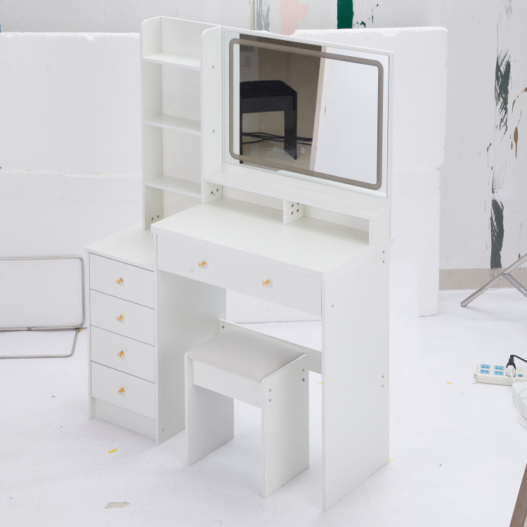 41" Large Sized Bedside Cabinet Vanity Table Cushioned Stool, Extra Large Touch Control Led Mirror, 3 Color Switch, Multi Layer High Capacity Storage Fashionable Dresser, Epa, Gcc, Ul Certificate