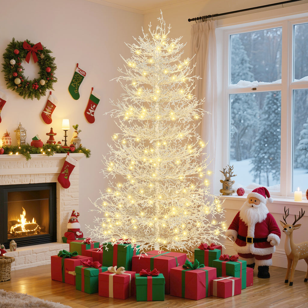 6Ft Pre Lit Aspen Fir Artificial Christmas Tree, Hinged Xmas Tree 623 Snow Flocked Branch Tips, 420 Warm White Led Lights, Holiday Coral Christmas Tree For Home Party