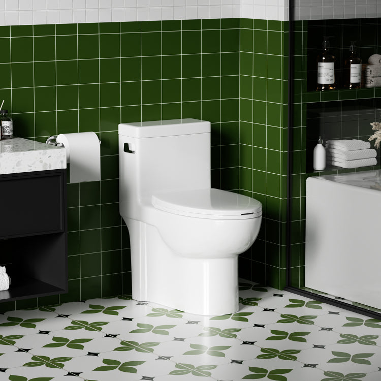 1.28 Gpf Tornado Flush One Piece Toilet Elongated,Siphonic Side Press Single Flush,17" Ada Comfort Chair Height Seat,Soft Closing Seat, 1000G Map Flushing Score Toilet, Gloss White Gw 003S