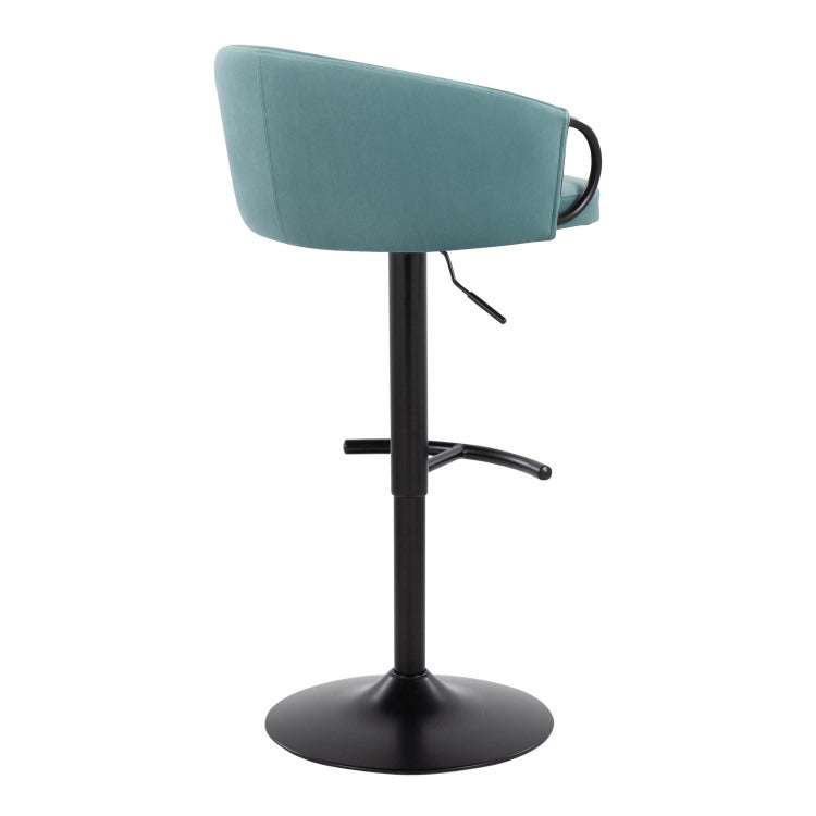 Contemporary Adjustable Barstool With Swivel In Black Metal And Light Blue Velvet With Rounded T Footrest Set Of 2