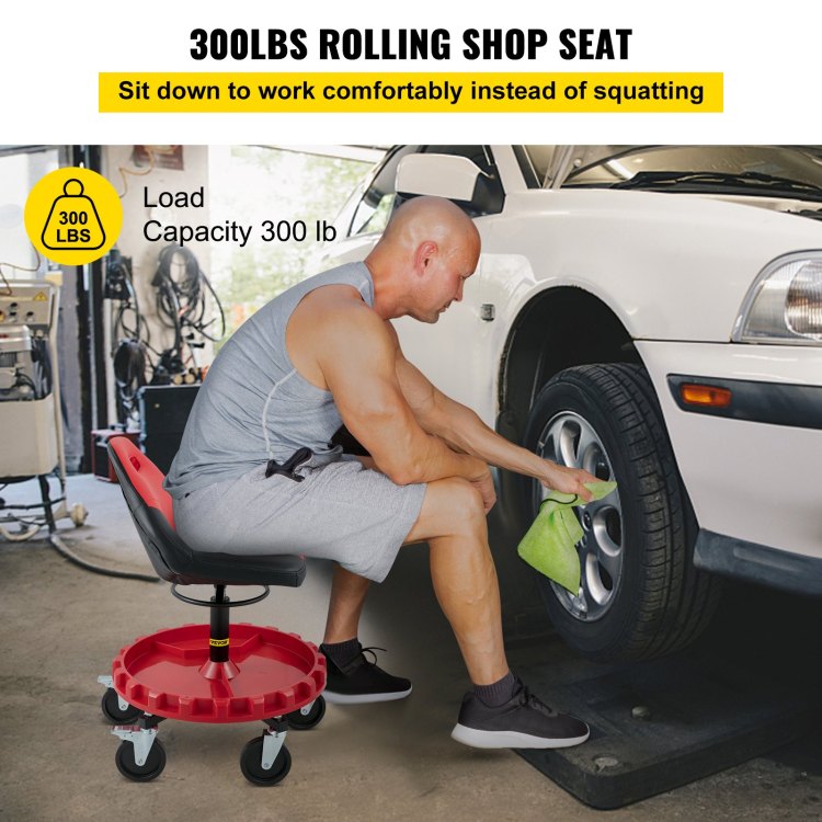 Rolling Gear Seat, 300Lbs Capacity, 18" 23" Height Adjustable, Mobile Mechanic Garage Stool With Tool Tray And 5" Casters, Pneumatic Stool For Workshop, Garage, Auto Repair Shop