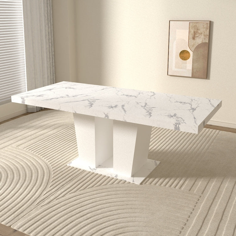 Extendable Dining Room Table For 6 10, Modern All White Faux Marble Rectangle Dining Table With Dual Column Pedestal Base, Expandable Kitchen Table