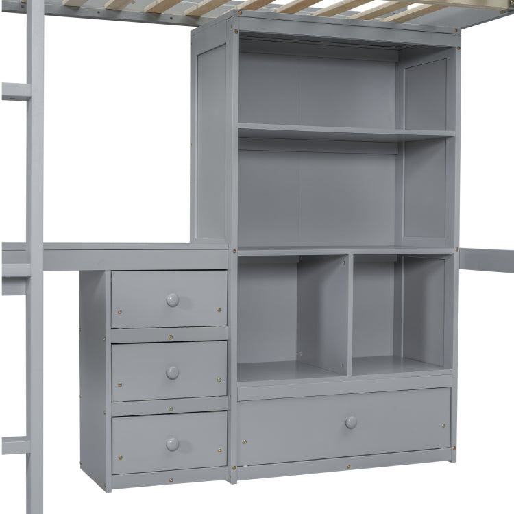 Full Size Loft Wood Bed With Desk, Storage Shelves And Drawers, Built In Ladder, High Loft Bed With Desk, Storage Shelves And Drawers,Guardrails,Grey