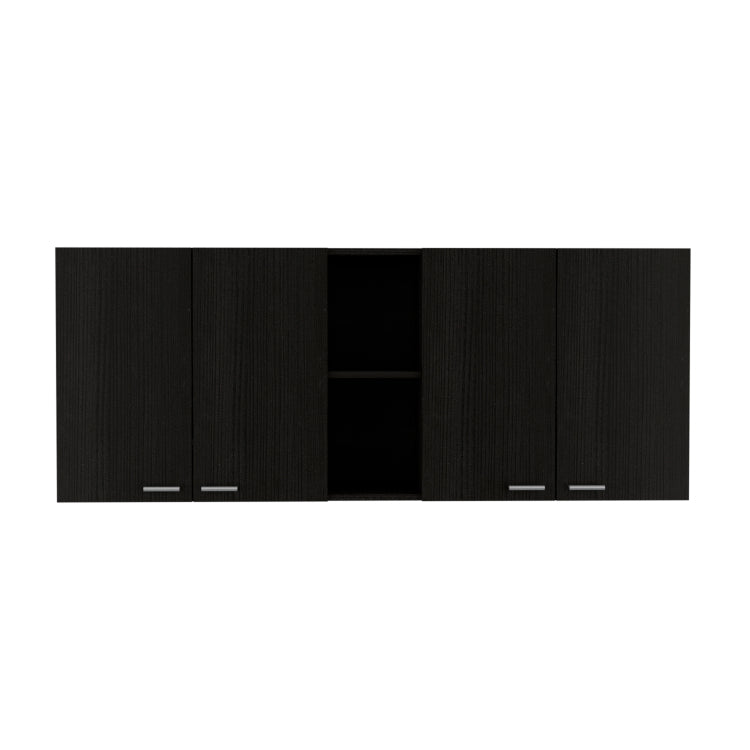 Wall Cabinet 24" H, Four Doors, Two Open Storage Shelves, Two Internal Shelves, Internal Dish And Glass Organizer, Black