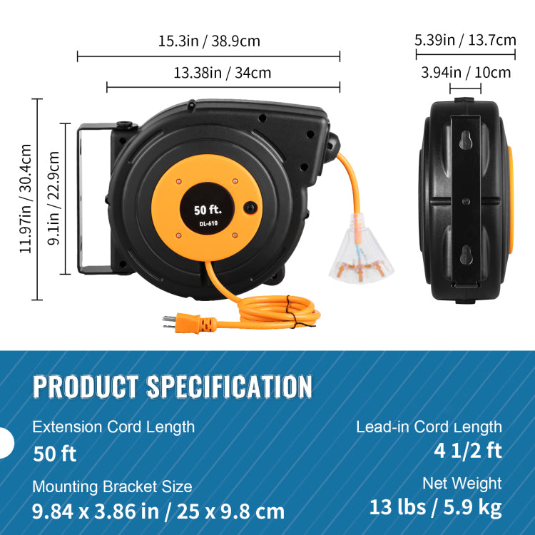 50Ft Retractable Extension Cord Reel 14Awg 3Csjtow Power Cord Reel
