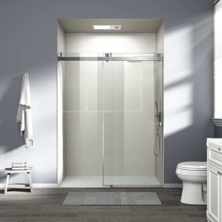 56" 60" W X 76" H Frameless Soft Closing Single Sliding Shower Door, 1 4" 6Mm Tempered Glass With Explosion Proof Film Via Express Delivery, Brushed Nickel Cm 24D01 60Bnx