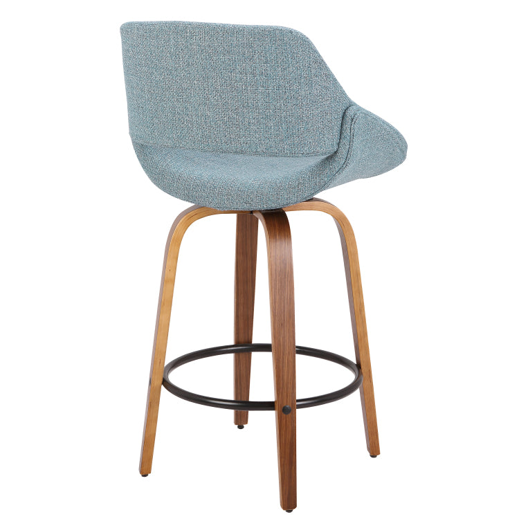 Mid Century Modern Counter Stool In Walnut And Blue Noise Fabric