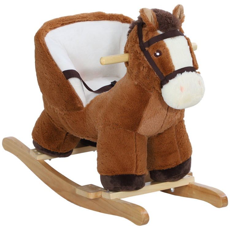 Qaba Baby Rocking Horse, Plush Animal Rocker With Sound, Wooden Base, & Safety Belt For Ages 18 36 Months, Brown
