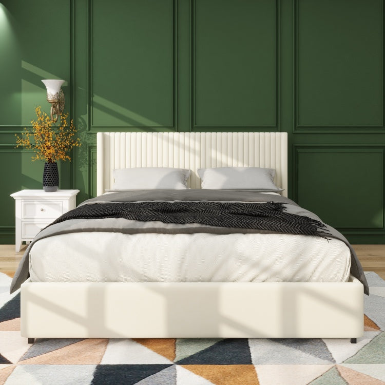 Anna Patented 2 Drawer Storage Bed Queen Size Ivory Velvet Upholstered Wingback Platform Bed, Modern Design Headboard With Tight Channel, Wooden Slat Mattress Support No Box Spring Needed