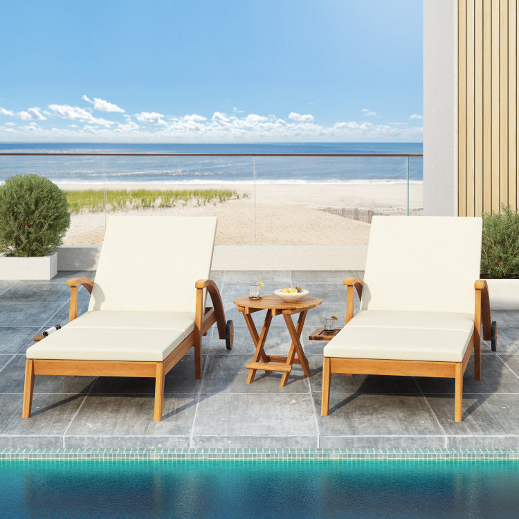 Chaise Lounge With Wheel Acacia Wood Recliner For Patio Garden, With 2Inch White Cushion, 4 Position Adjustable Backrest, Versatile Outdoor Furniture