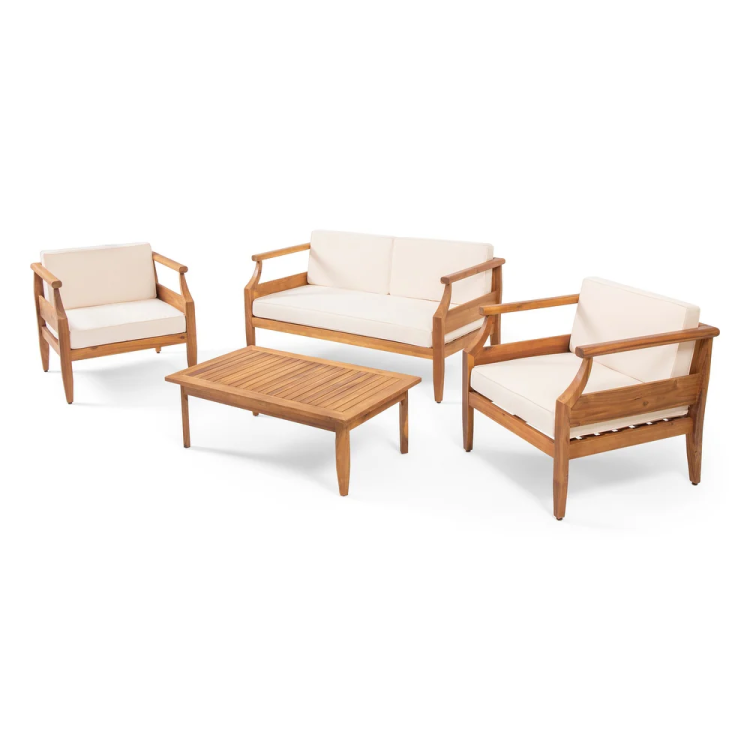 Aston Outdoor Mid Century Modern Cushioned Acacia 4 Seat Chat Set Loveseat & Coffee Table & Club Chair Teak Finish Cream Cushion