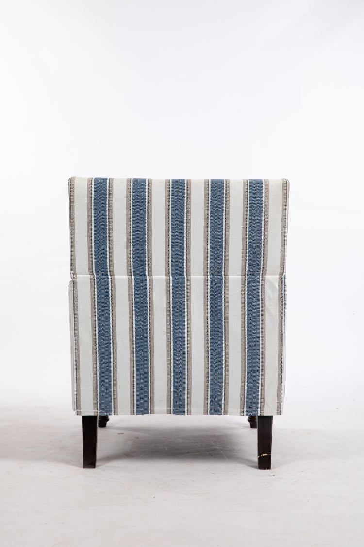 Upholstered Accent Chair, Vintage Armchair With Blue And White Striped Linen Fabric And Nailhead Trim For Living Room