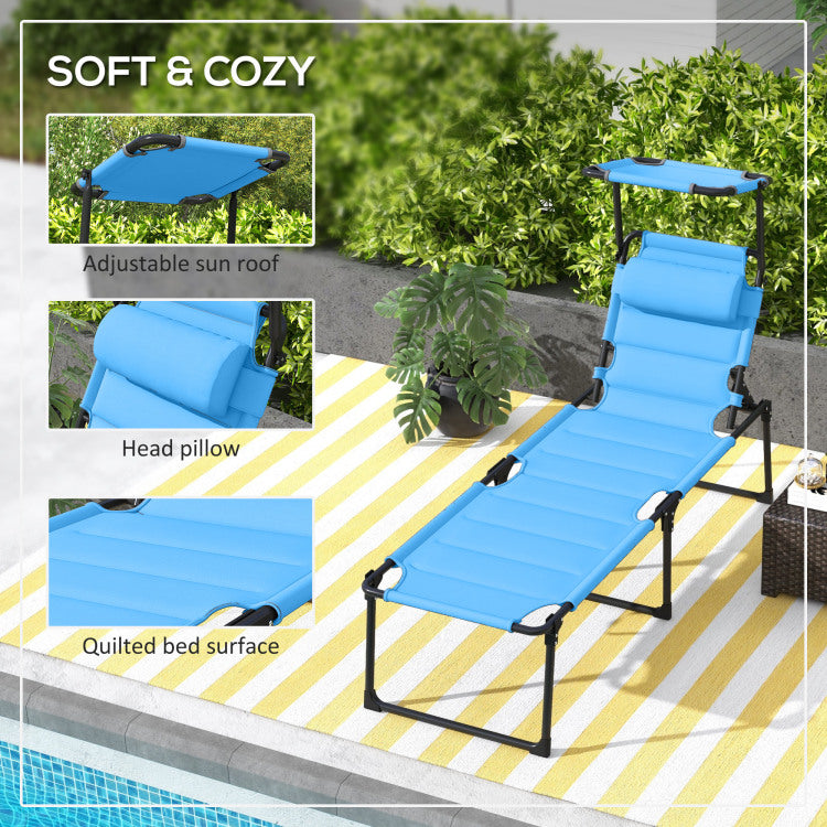 Outsunny Outdoor Lounge Chair, Adjustable Backrest Folding Chaise Lounge, Cushioned Tanning Chair W Sunshade Roof & Pillow Headrest For Beach, Camping, Hiking, Light Blue