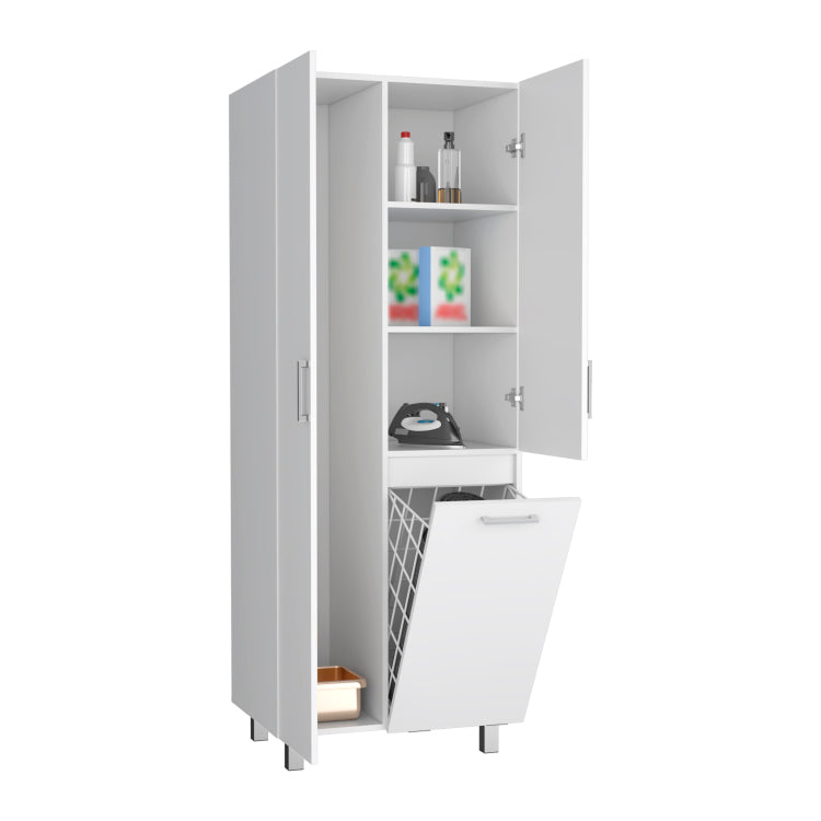 Iris 71" High Two Door Broom Closet With Hamper, Four Shelves, Hangers, Storage Closet, Pantry Cabinet
