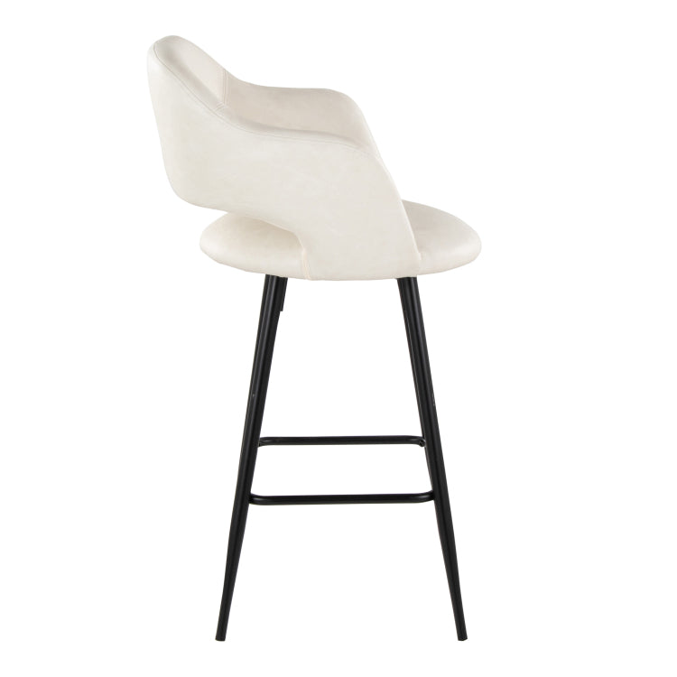 26" Contemporary Fixed Height Counter Stool In Black Metal And Cream Faux Leather With Square Black Metal Footrest Set Of 2