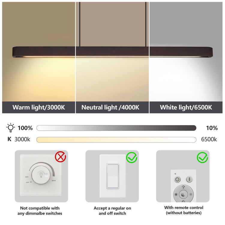 39 Inch Walnut Wood Modern Led Pendant Light, Adjustable Hanging Light For Dining Room, Kitchen, Living Room Sleek Walnut Color Finish