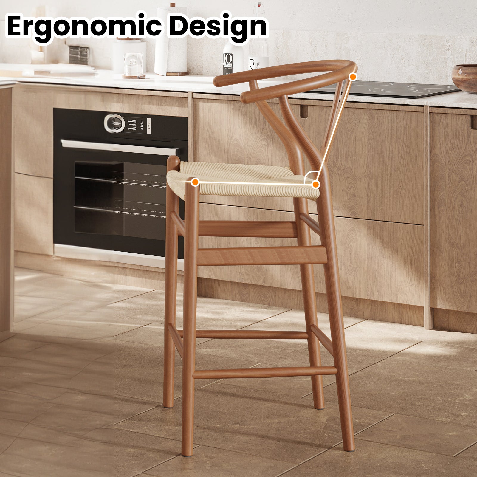 Wishbone Barstool,Weave Counter Height Bar Stools, Fully Assembled Rattan Bar Chairs For Kitchen Island,1Pc,Walnut