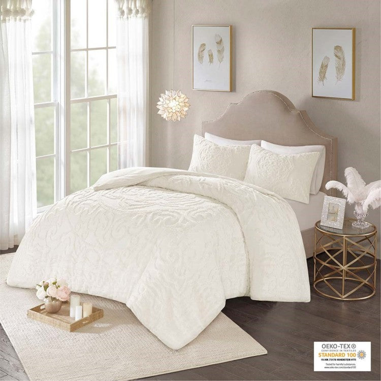 3 Piece Tufted Cotton Chenille Medallion Comforter Set Off White Full Queen