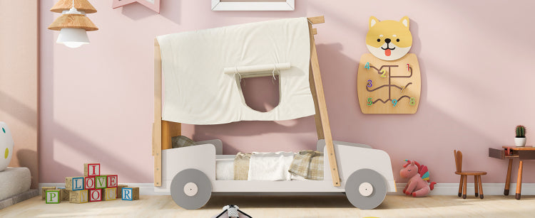 Wood Twin Size Car Bed With Pillow, Ceiling Cloth, Natural
