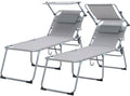 Folding Lounge Chair With Canopy, Pool Chair, Patio Sun Tanning Chair, Outdoor Reclining Chair With Position Adjustable Backrest, Mesh Seat, Suitable For Beach. Gray, 2 Pcs