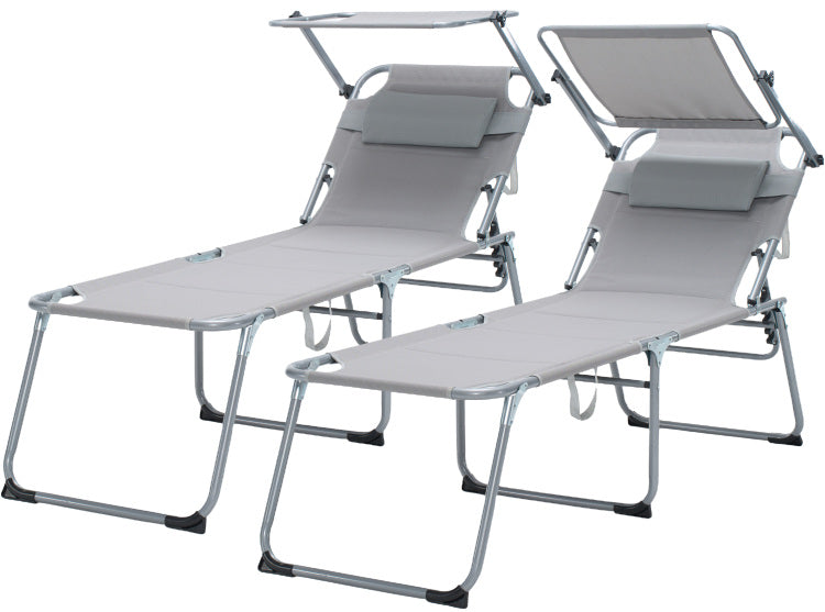 Folding Lounge Chair With Canopy, Pool Chair, Patio Sun Tanning Chair, Outdoor Reclining Chair With Position Adjustable Backrest, Mesh Seat, Suitable For Beach. Gray, 2 Pcs